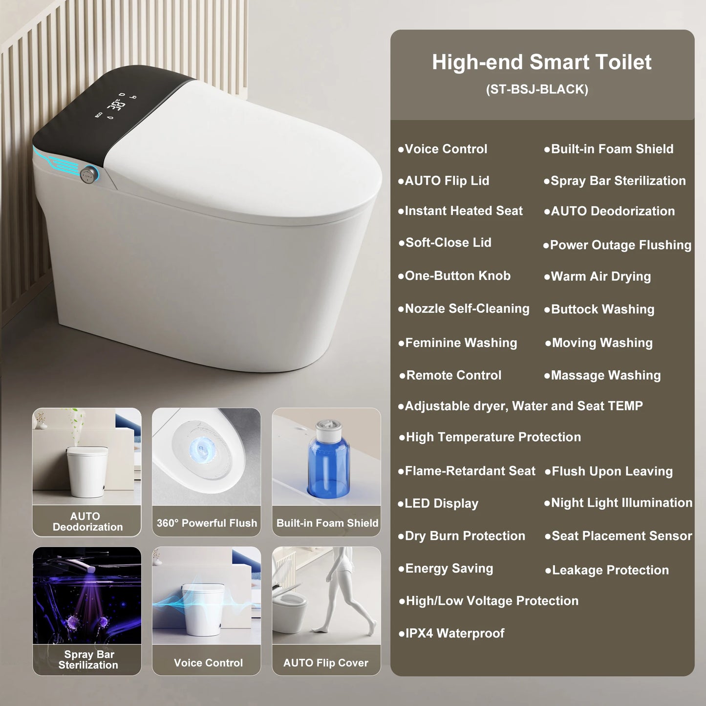 Elongated Smart Toilet With Bidet Built In Voice Control
