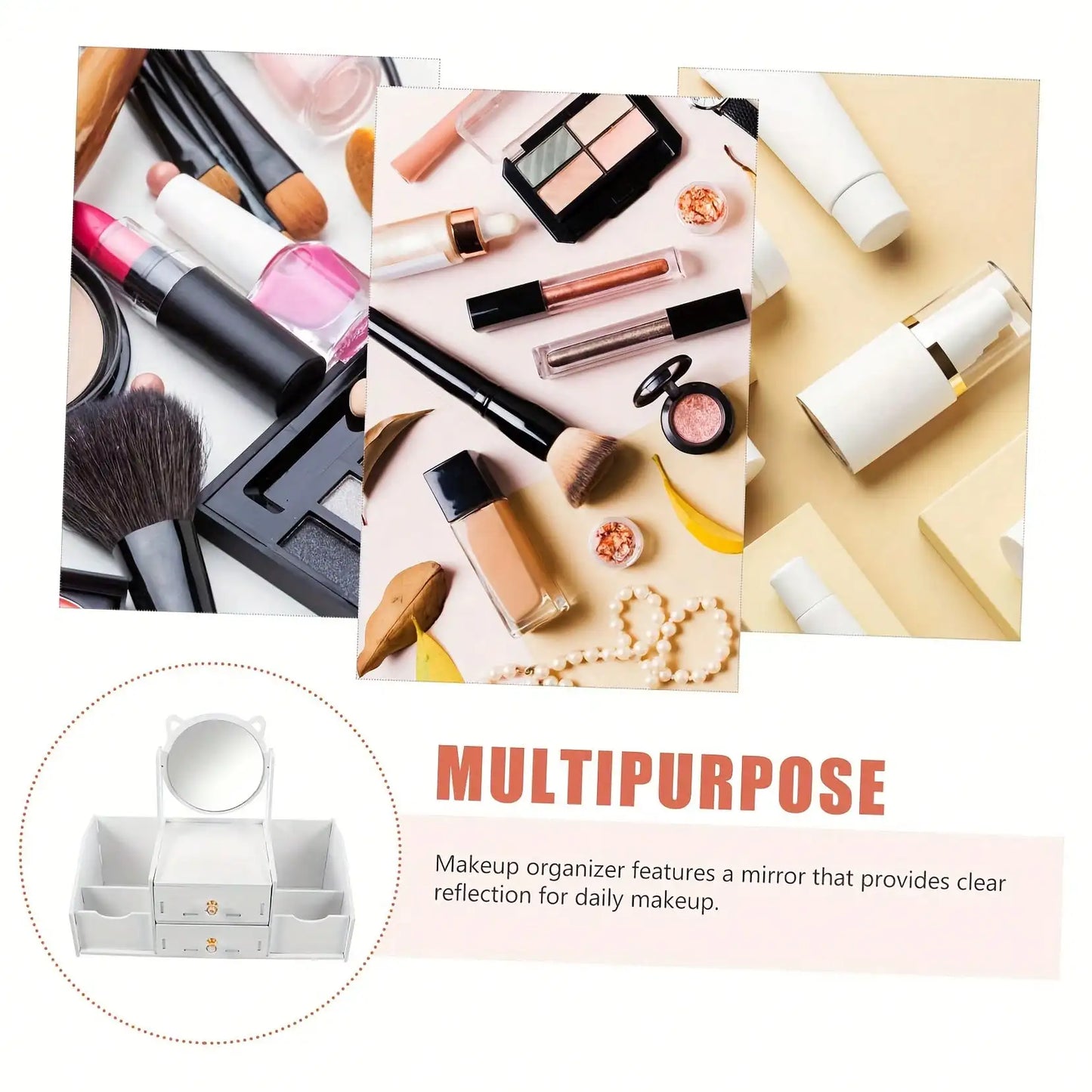 Mirror Makeup Organizer Plastic Storage Box For Vanity Bathroom