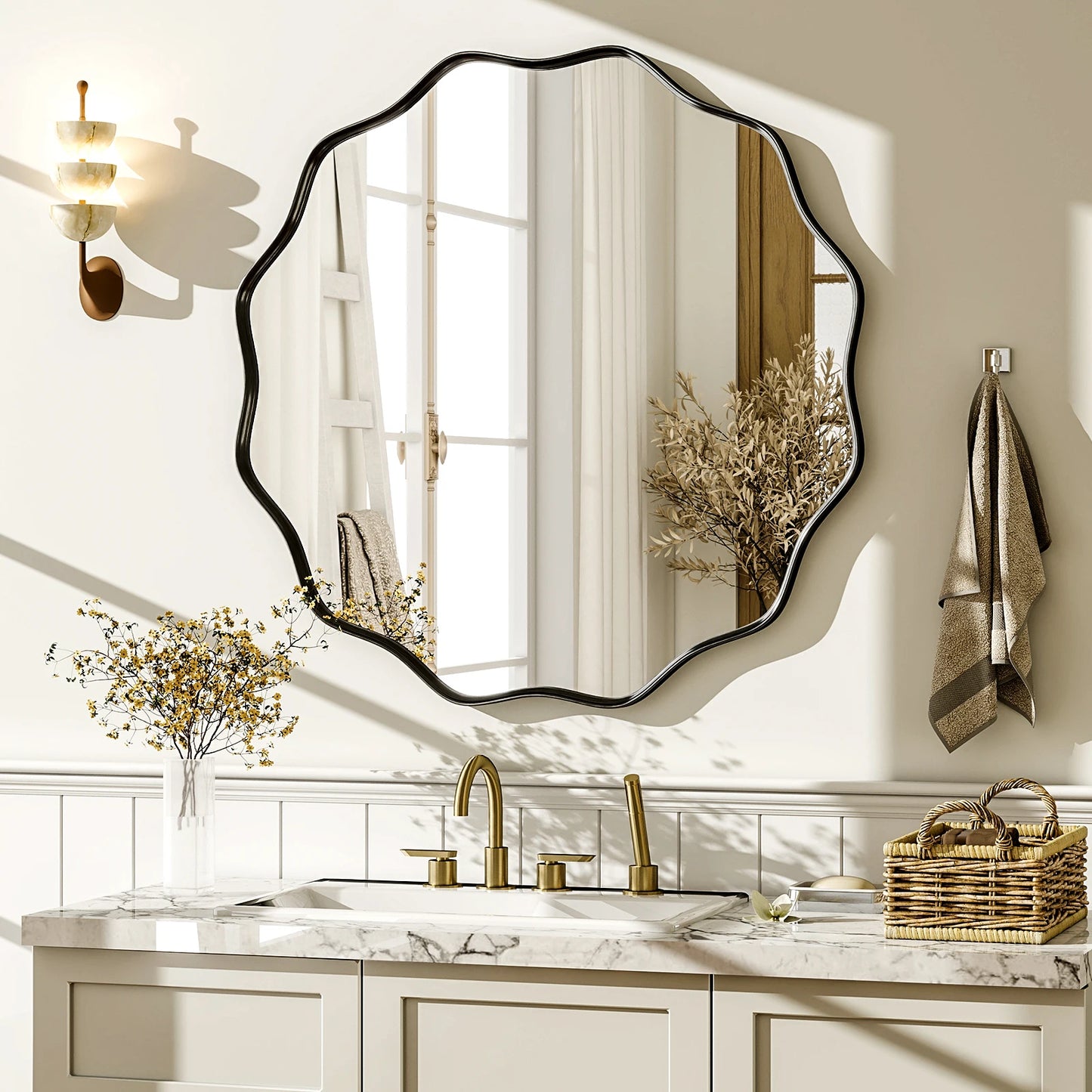 BEAUTYPEAK Wavy Round Bathroom Mirror With Deep Frame
