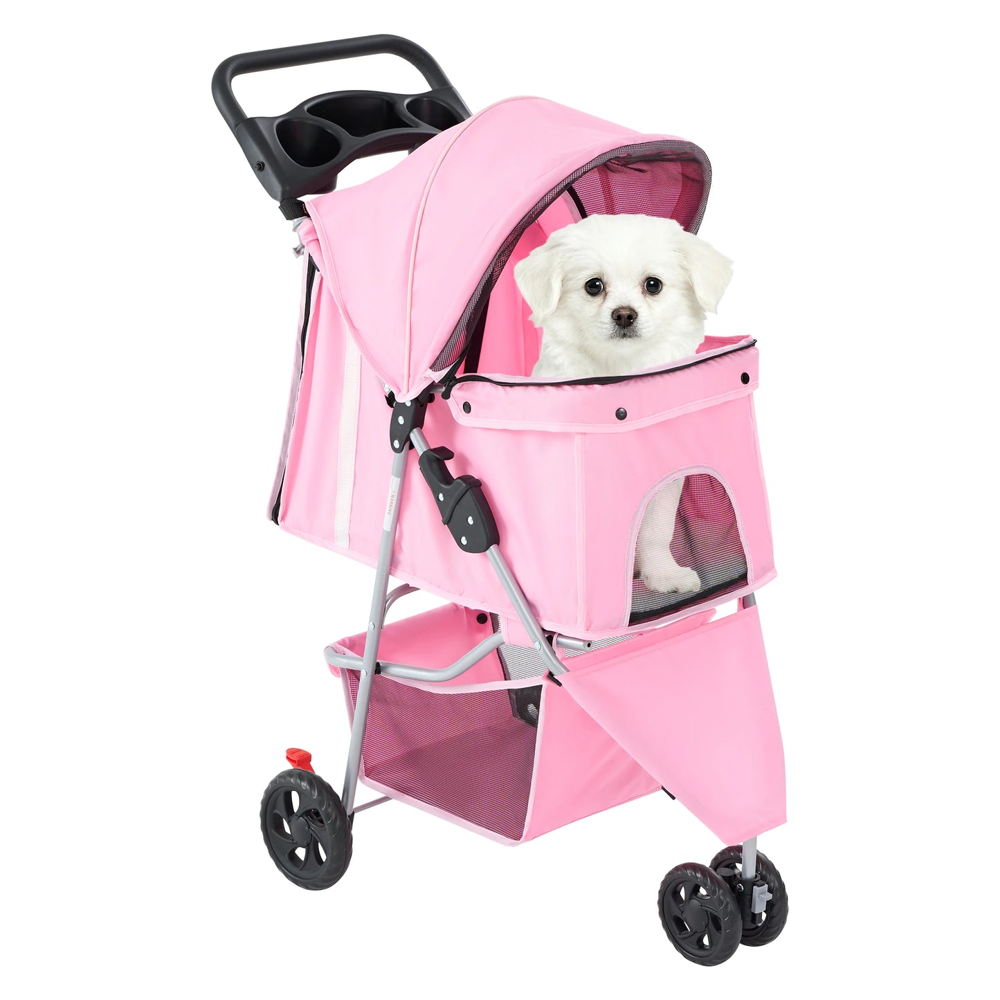 Three-Wheel Foldable Pet Stroller With Mesh Windows And Storage Basket