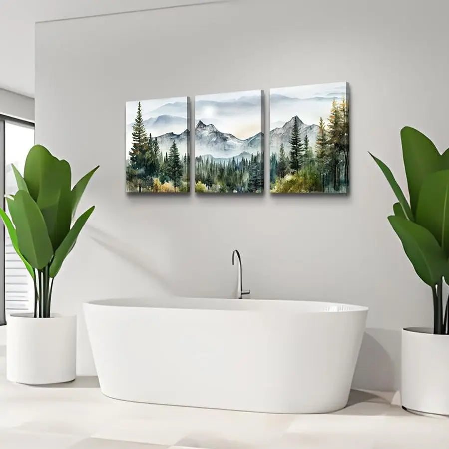 Three Piece Framed Canvas Wall Art Set Mountain Forest Abstract