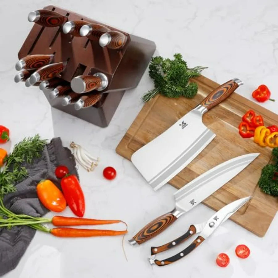 German Steel 17-Piece Knife Set With Wooden Block Kitchen
