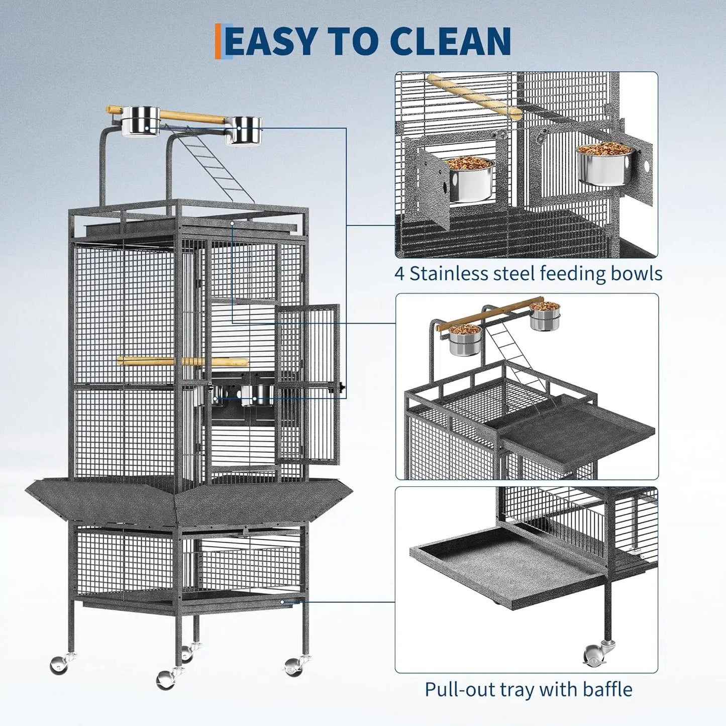 HiMISS Metal Bird Cage With Play Top And Swivel Wheels