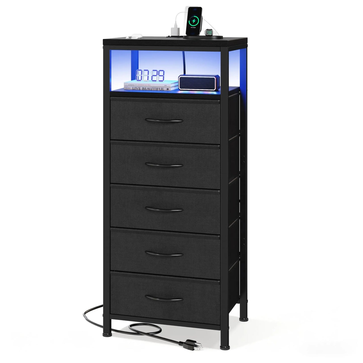 JHK 5-Drawer Dresser Nightstand With USB Charging Station