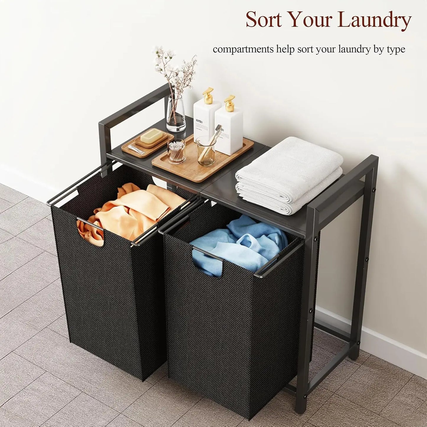 Laundry Basket Organizer With Shelf And Removable Bags