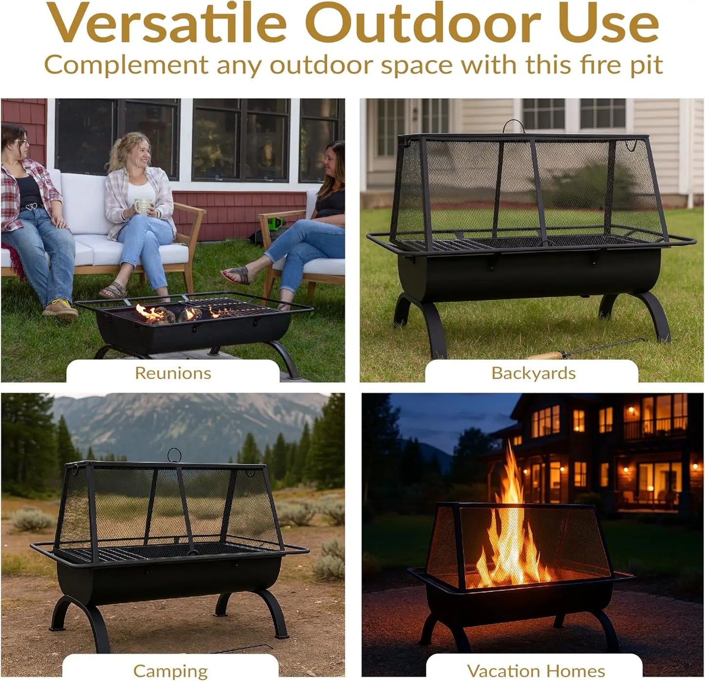 36 Inch Steel Outdoor Fire Pit With Grill Cooking Grate Spark Screen Cover Poker