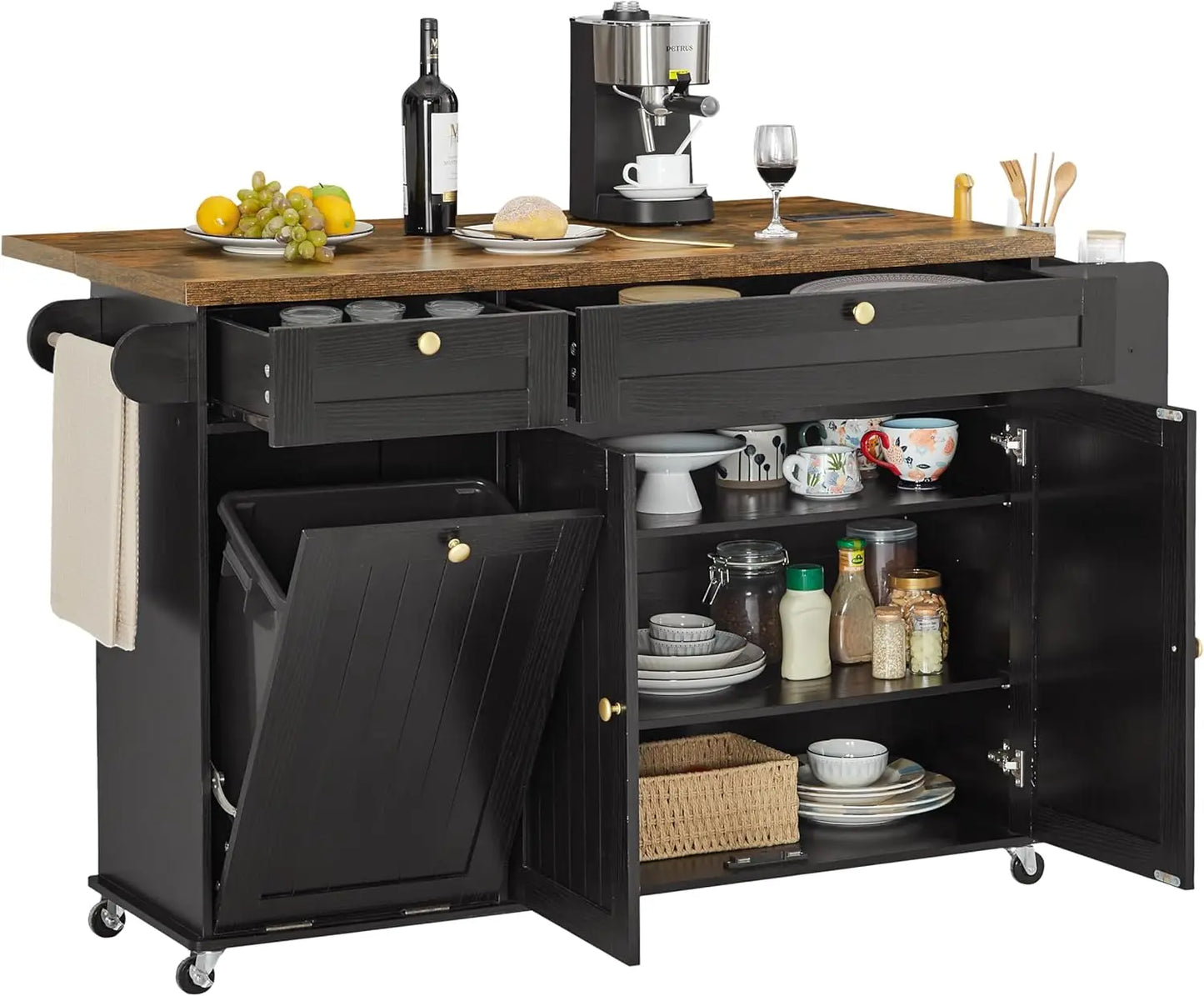 ONBRILL Mobile Kitchen Island with Power Outlet and Spice Rack