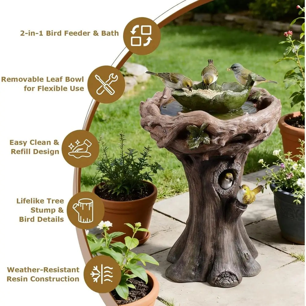 Realistic Tree Stump Bird Bath Fountain Resin Freestanding Outdoor Decor