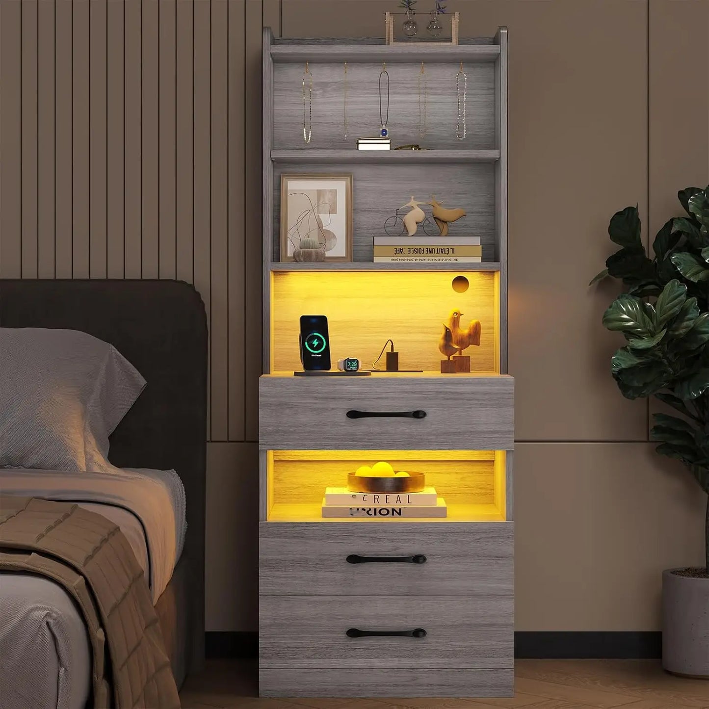 MOYU Tall Nightstand With Charging Station And LED Bedside Lights