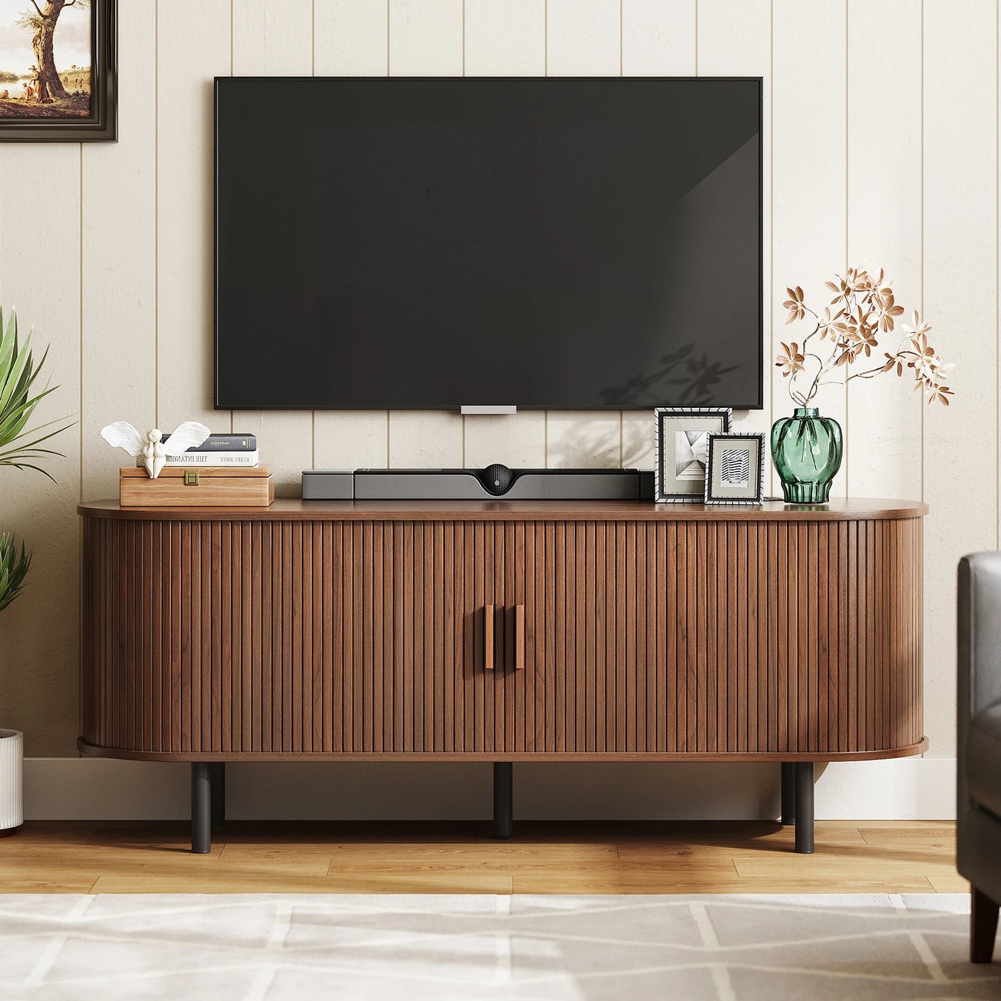 Onbrill TV Stand With Power Outlet And Sliding Doors Storage
