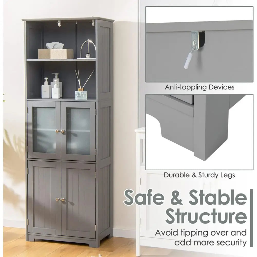 Tall Bathroom Storage Cabinet With Glass Doors And Shelves