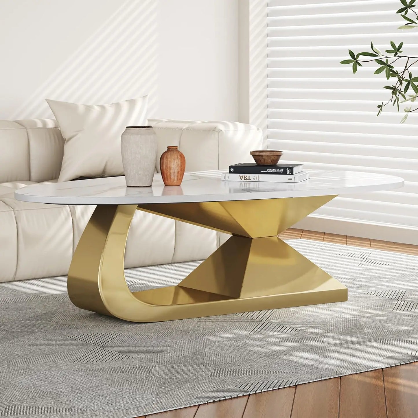 Minimalist Oval Coffee Table With Faux Marble Top And Pedestal
