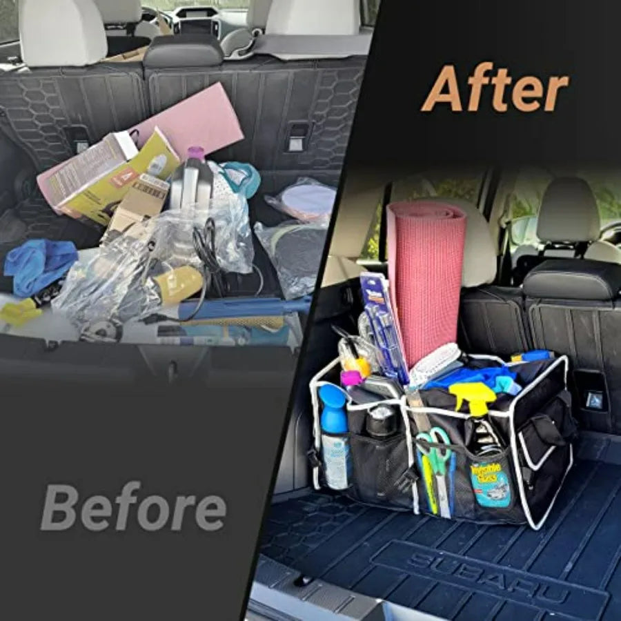 Car Trunk Organizer With Insulated Cooler And Foldable Dual Compartments