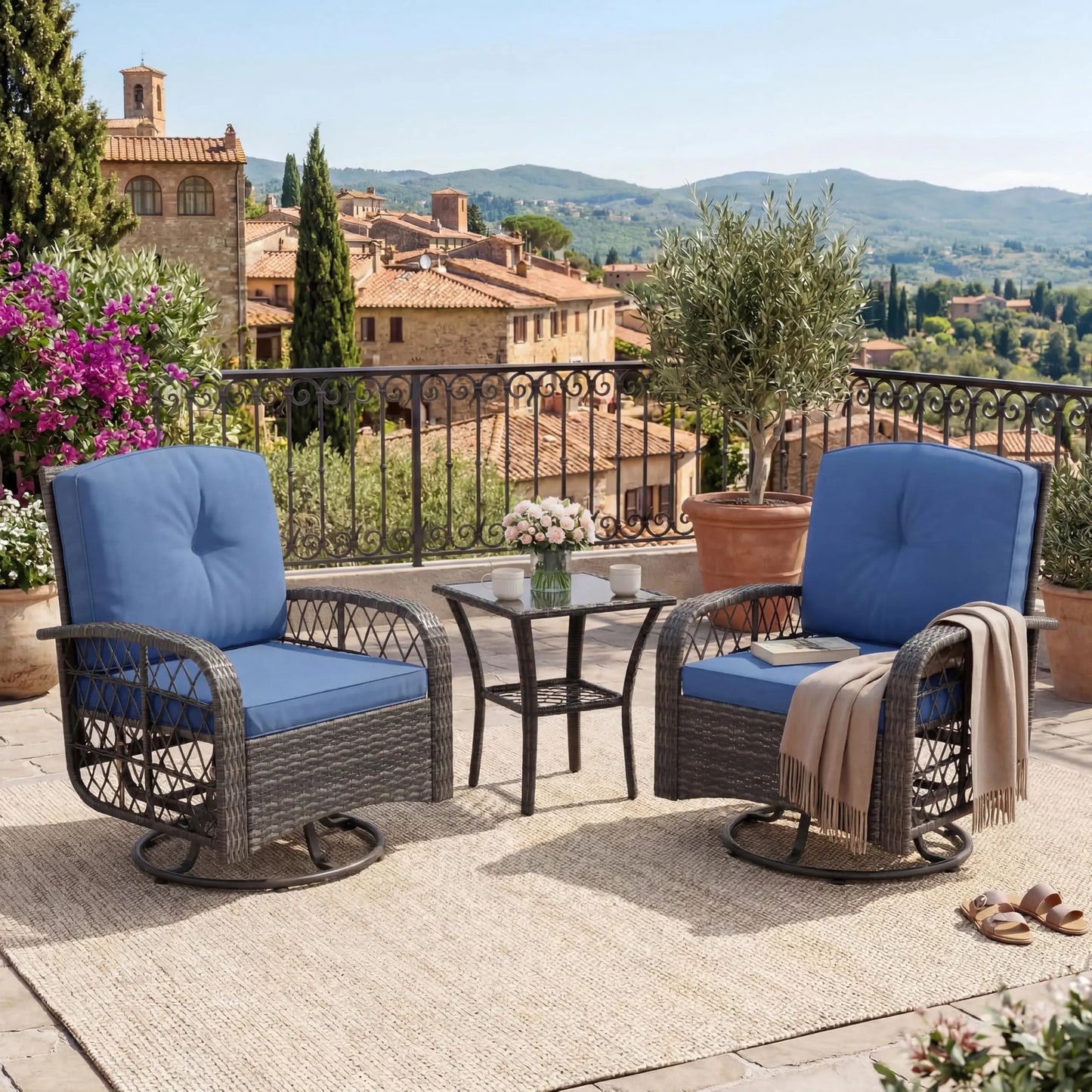 HobbyLane Outdoor Wicker Conversation Set With Tempered Glass Table