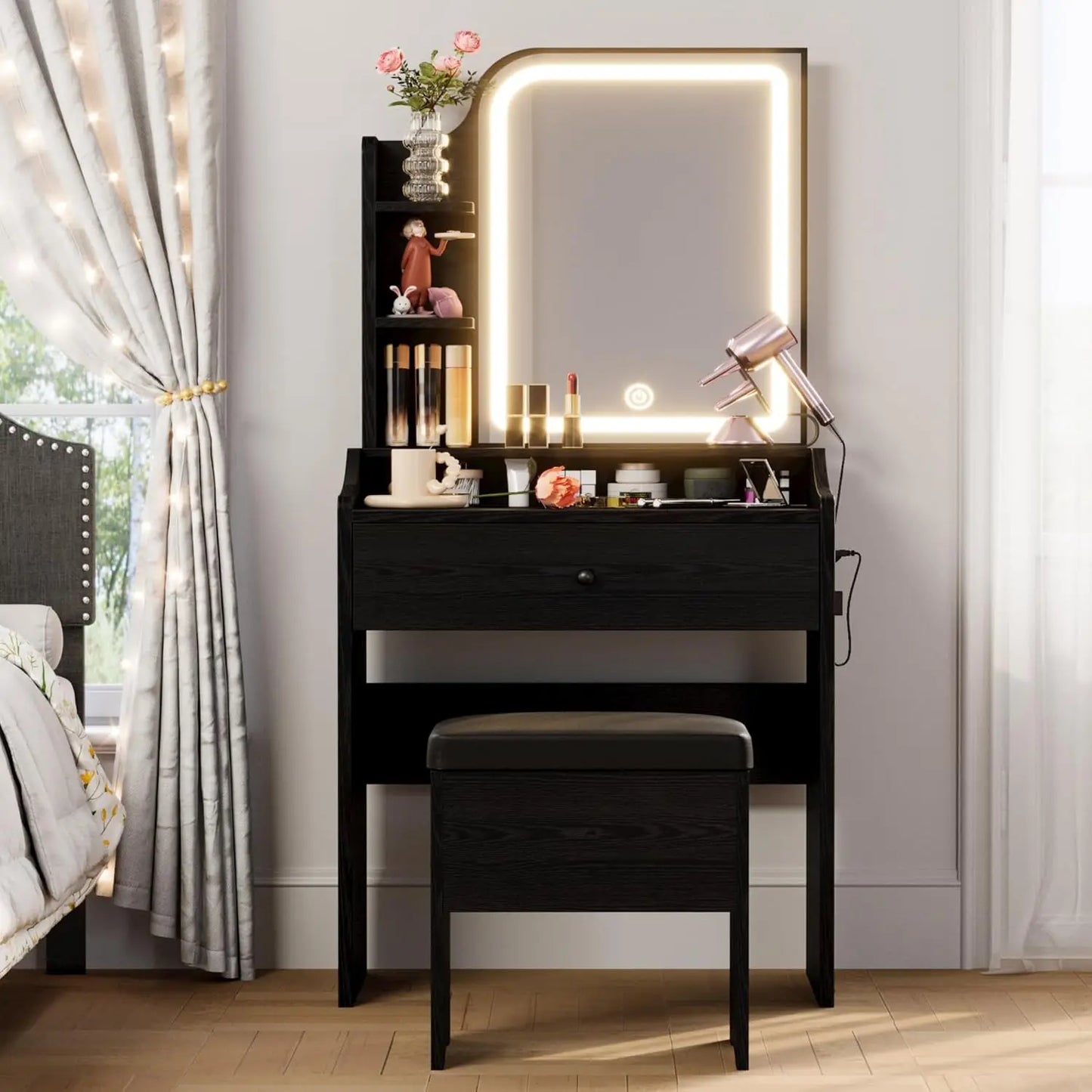 LIKIMIO Vanity Desk With Mirror And Lights Chair Storage Drawer