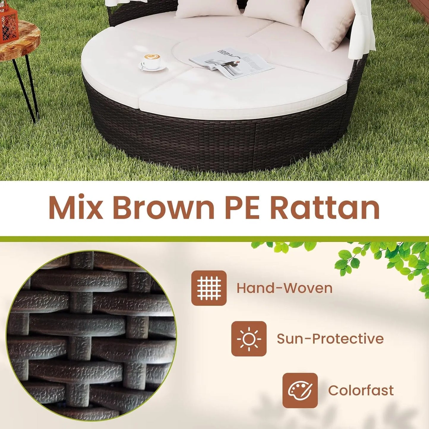 Patio Round Daybed With Retractable Canopy And Center Table