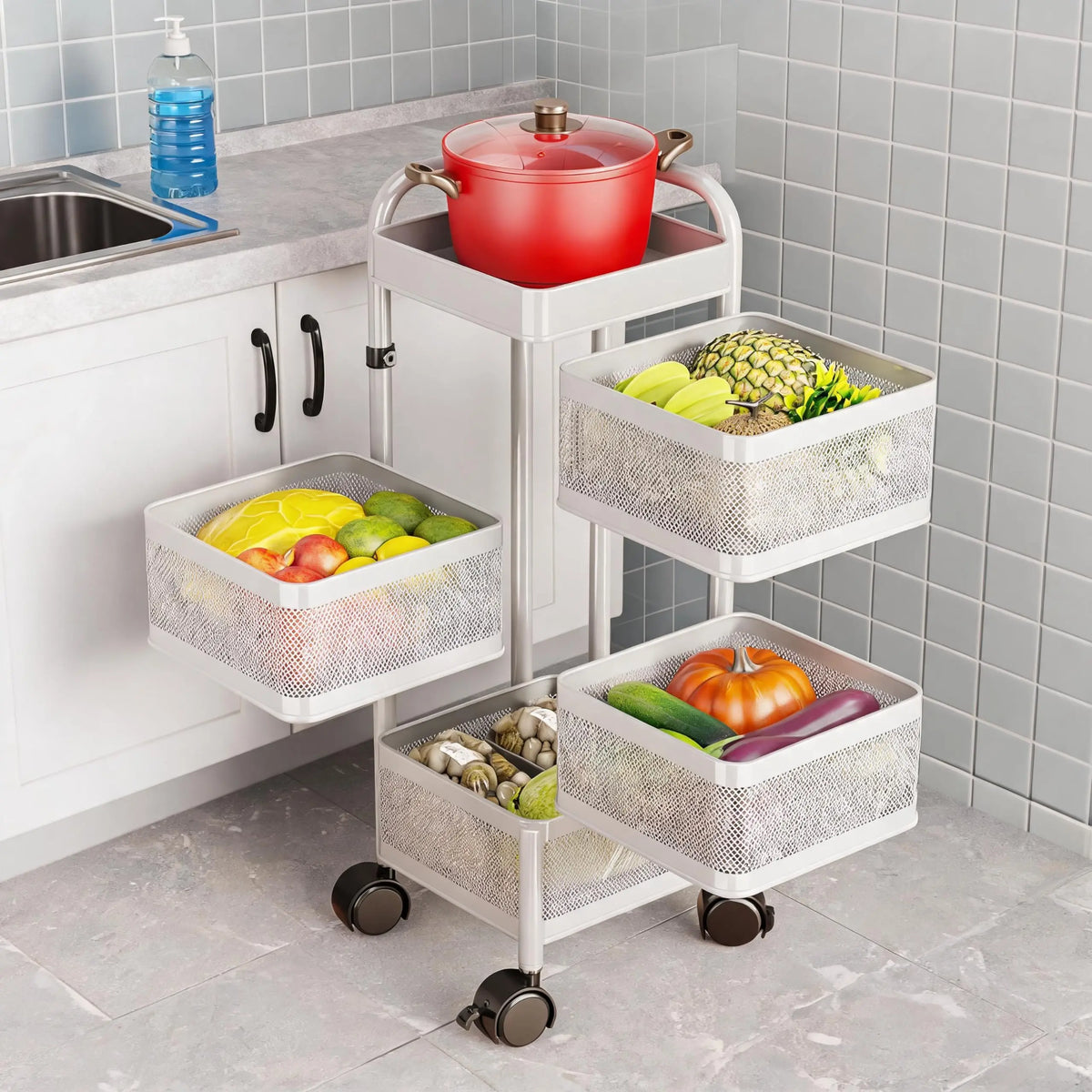 Studyset Rotating Kitchen Storage Cart With Wheels And Mesh Baskets