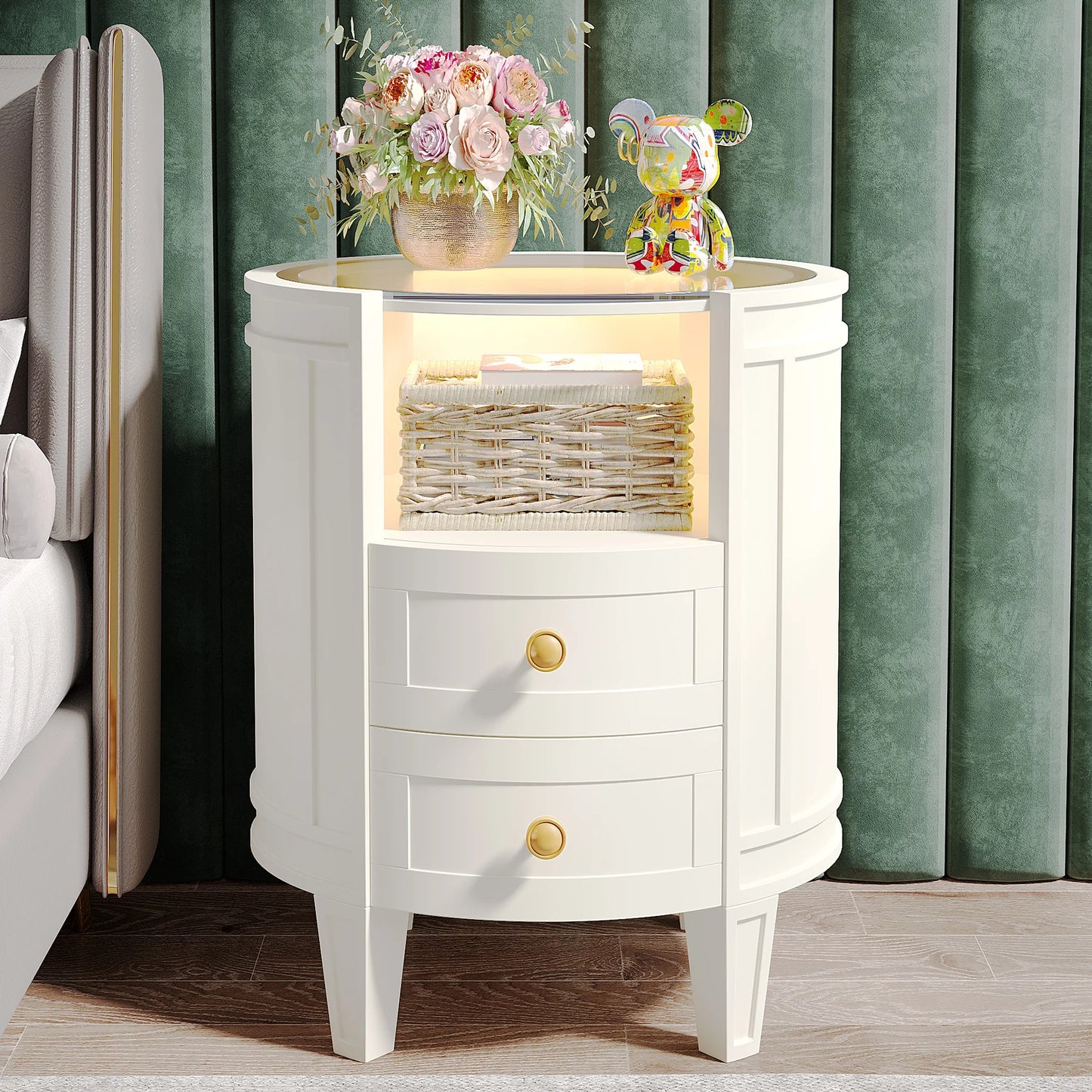 Little Tree 2 Drawer Nightstand Glass Tabletop Modern LED Nightstand