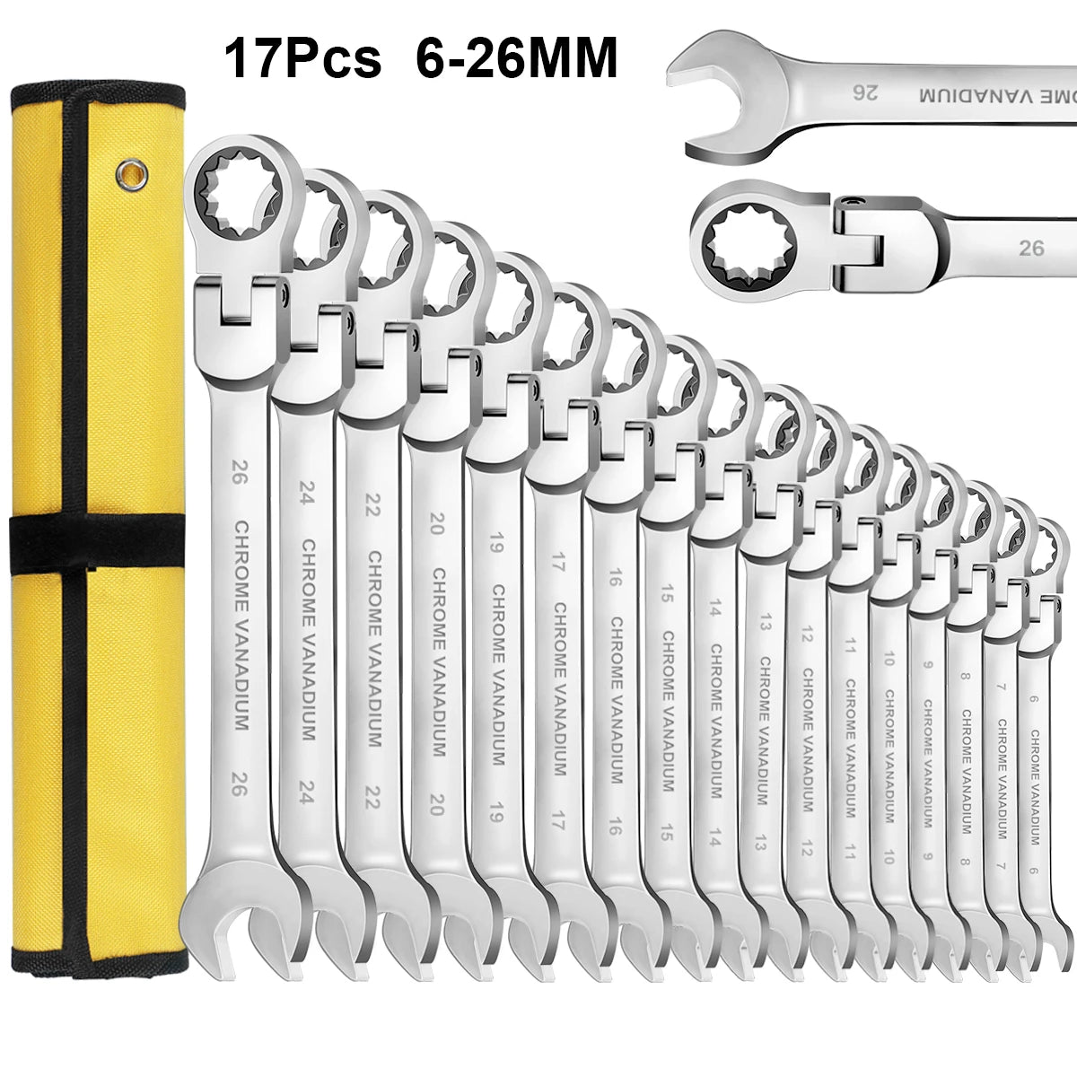 WOZOBUY Flex-Head Ratchet Wrench Set Cr-V Steel With Rolling Pouch