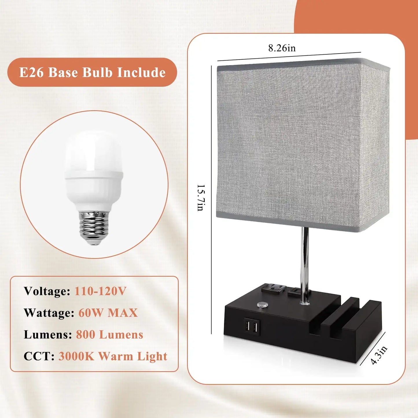 SZRSTH Bedside Table Lamp With Dual USB Ports And Dimmable