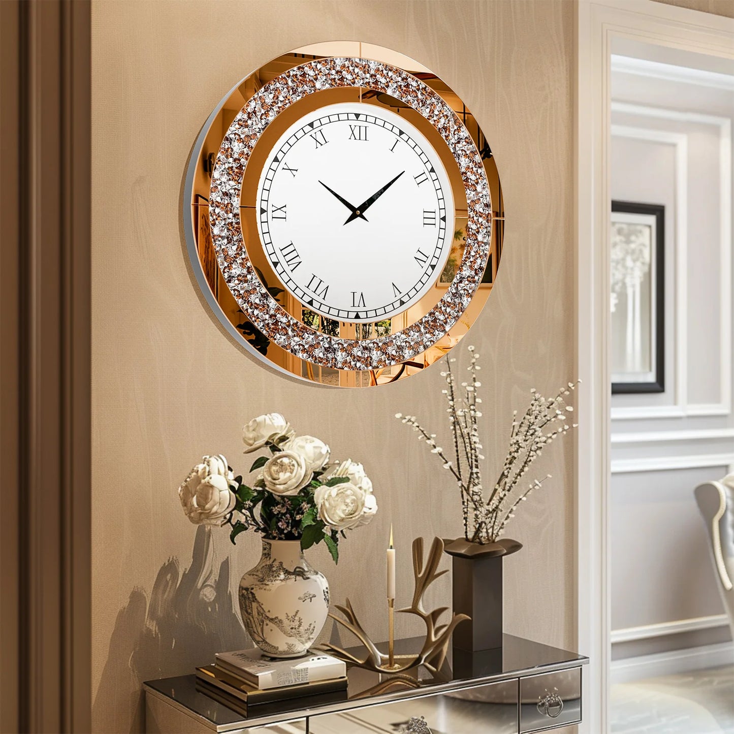 Round Mirror Wall Clock For Living Room With Crystal Sparkle