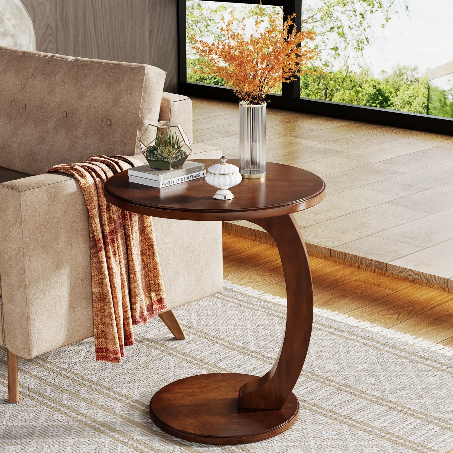 Tribesigns Round Wood C Shaped End Table For Living Room