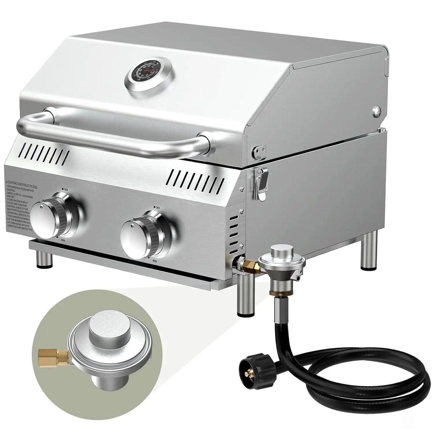 Porterhouse 20000 BTU Tabletop Gas Grill With Glass Lid 2 Burners