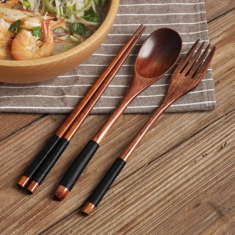 Wooden Flatware Set With Cloth Bag Two Sets Spoon Fork Chopsticks