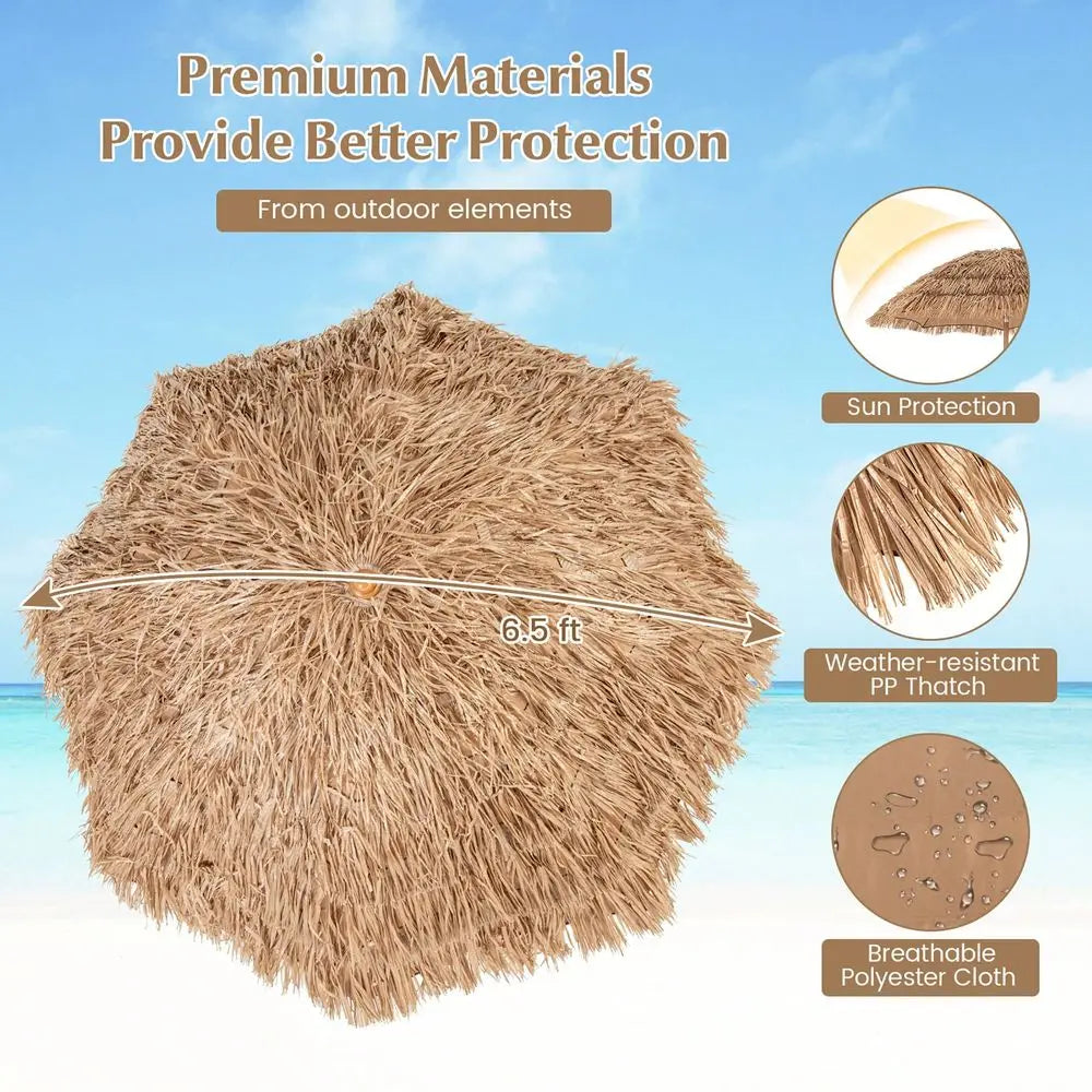 Thatched Tiki Umbrella With Foldable Stand Hawaiian Style Beach