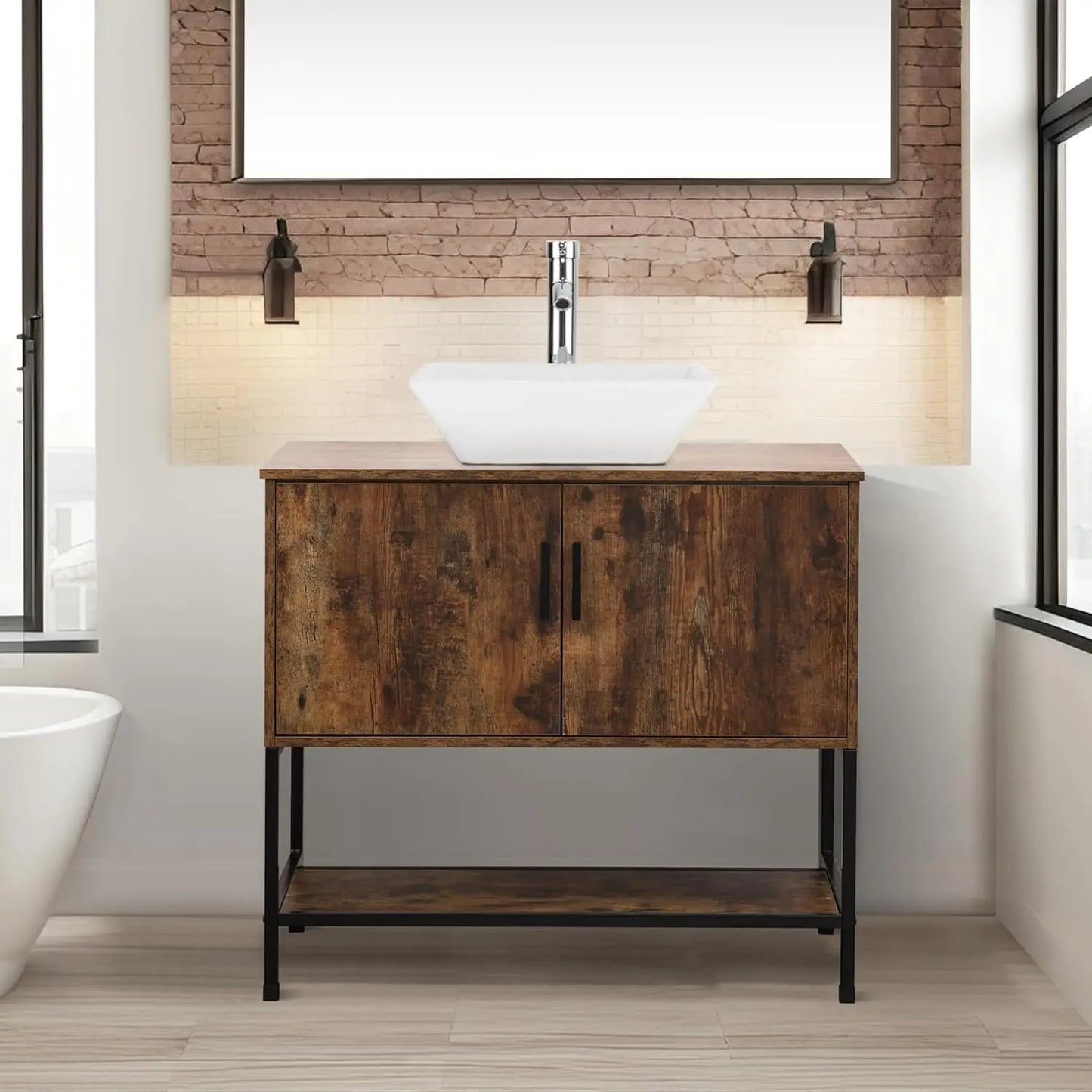 Rustic Industrial Bathroom Vanity With Sink Iron Frame Doors and Shelf
