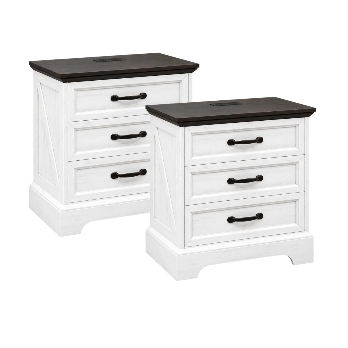 Farmhouse Nightstand With Charging Station And Three Drawer Storage