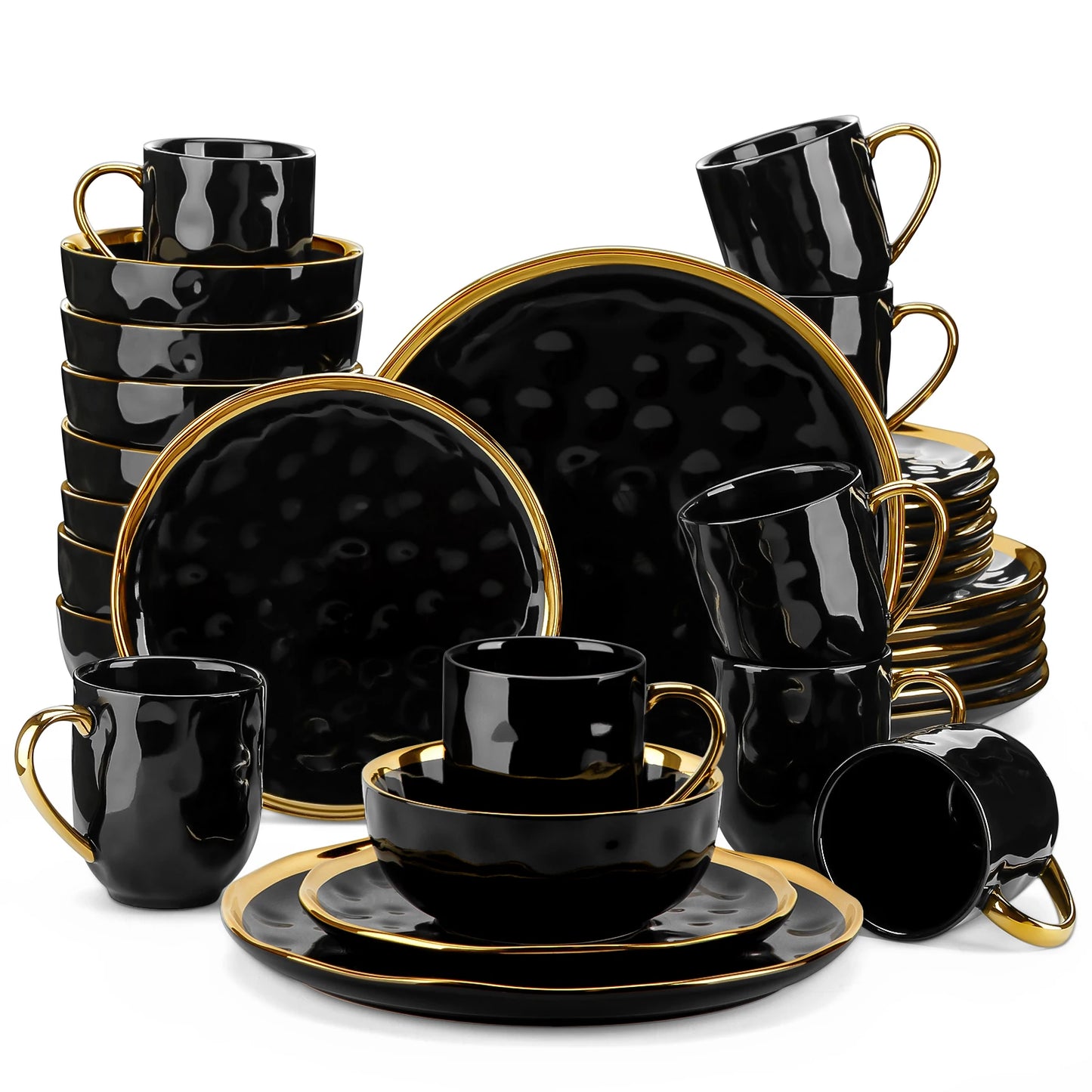 MALACASA Black Porcelain Dinnerware Set With Gold Trim