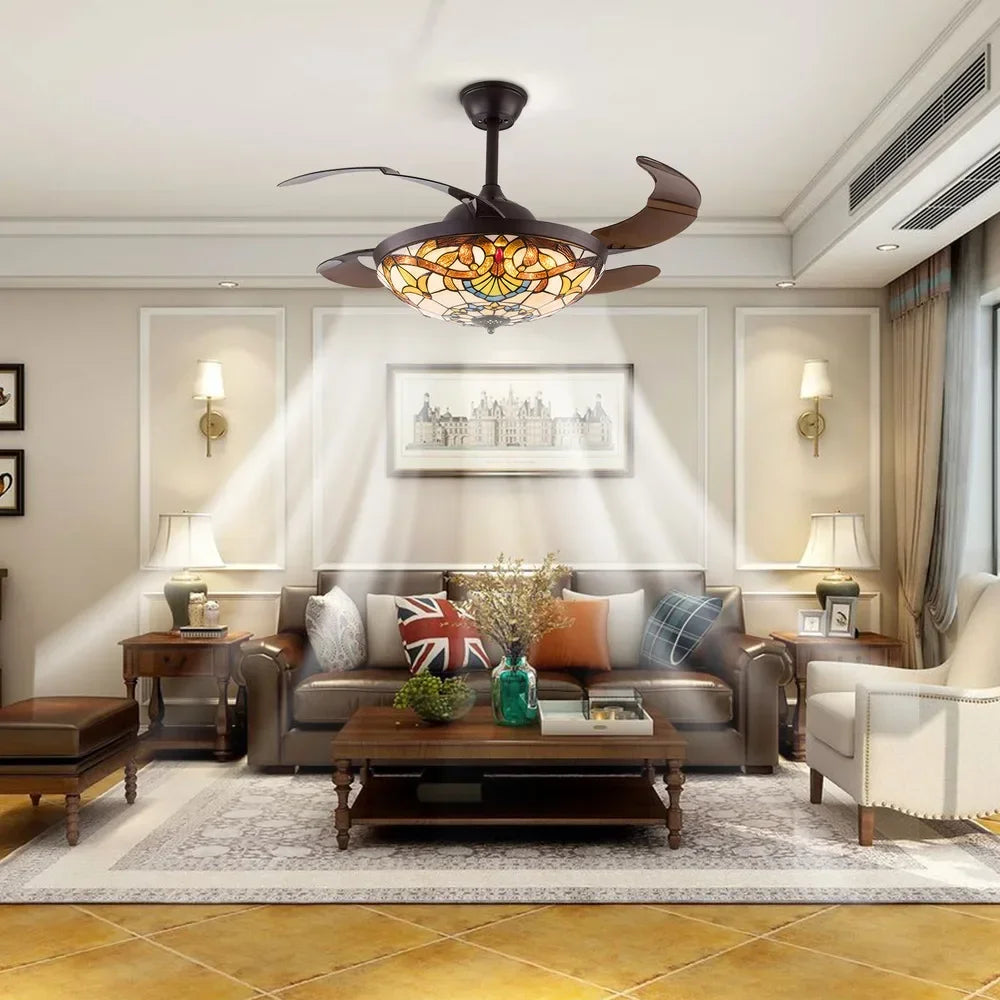 Tiffany Style Ceiling Fan With LED Light And Remote Control