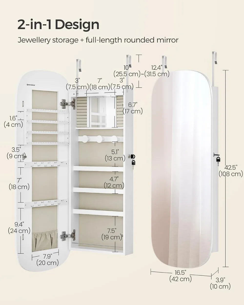 LED Jewelry Cabinet Mirror Wall Mount Lockable Storage Organizer