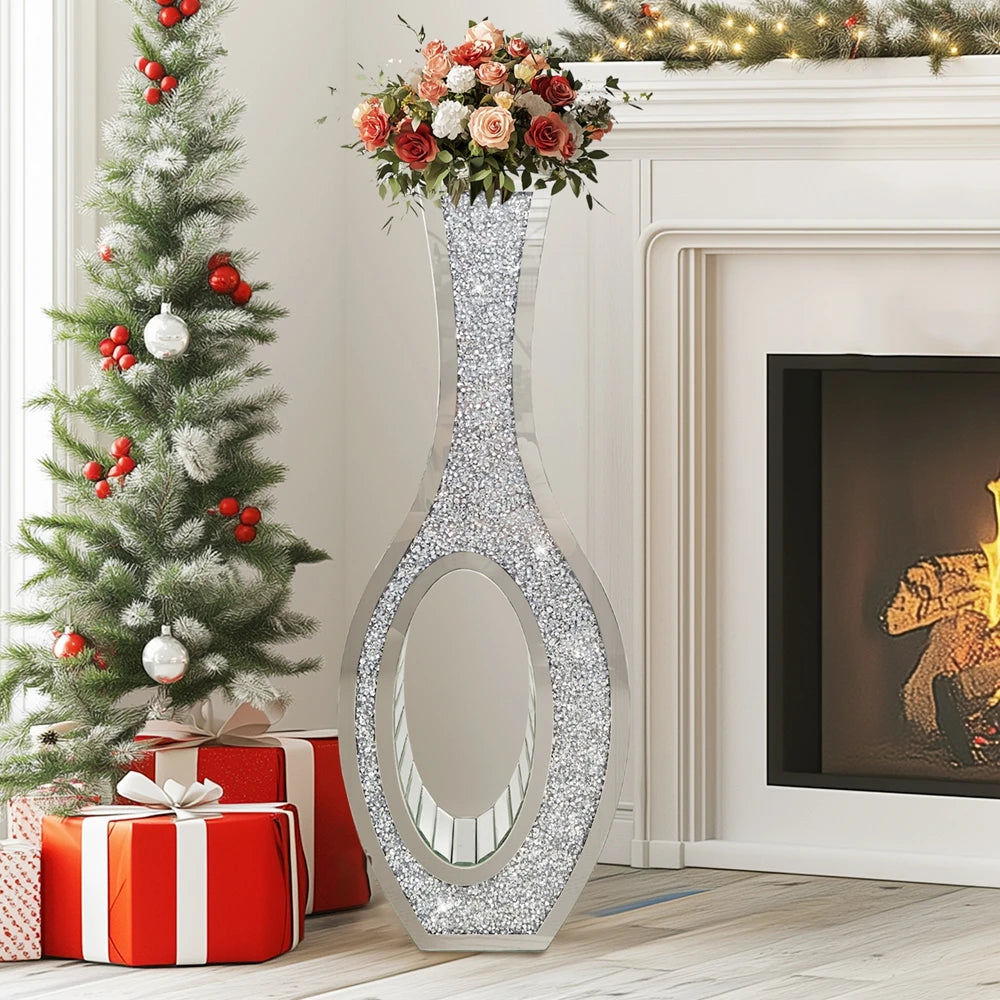 Tall Silver Mirrored Crush Diamond Floor Grass Vase
