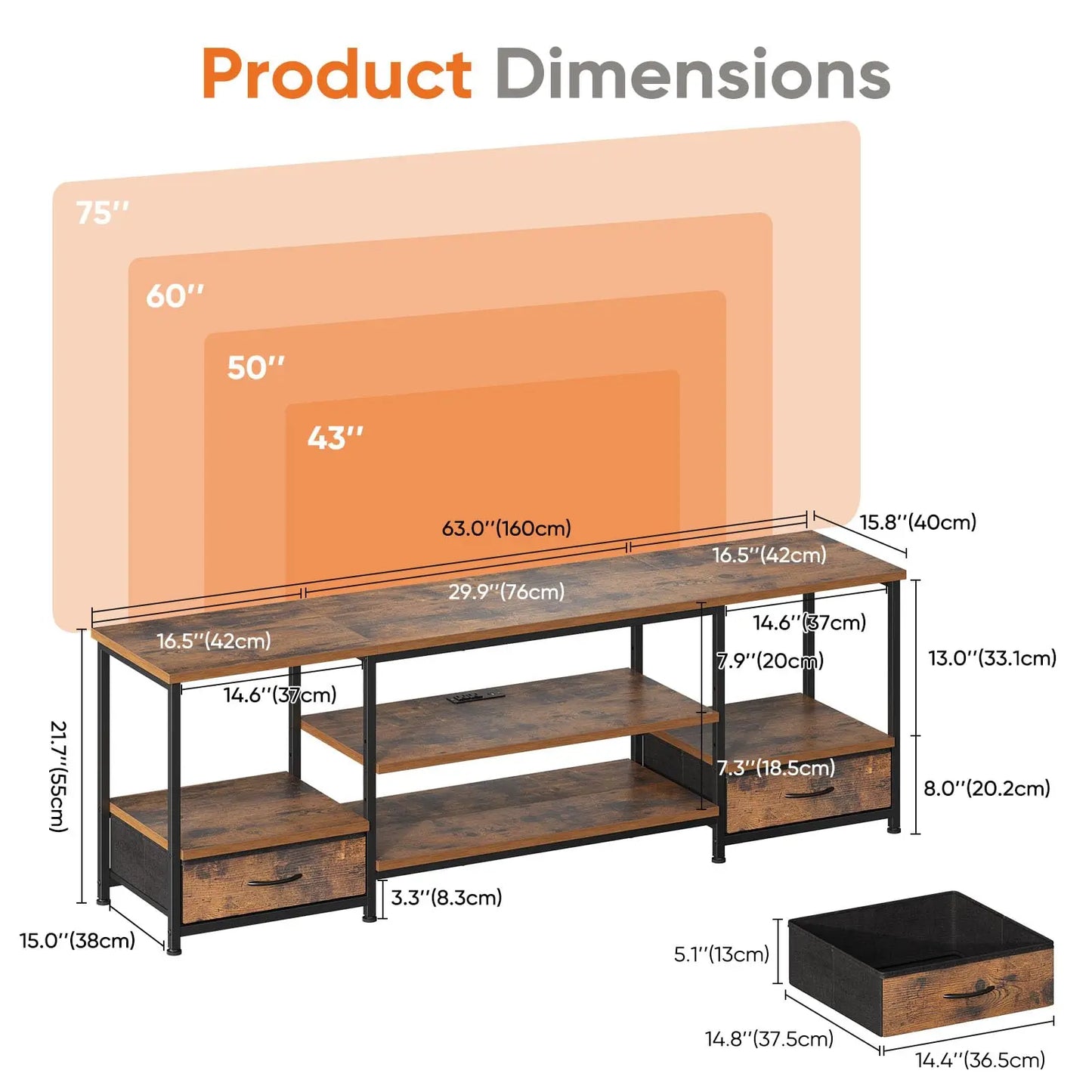 JHK Wooden TV Stand With Drawers And Charging Station