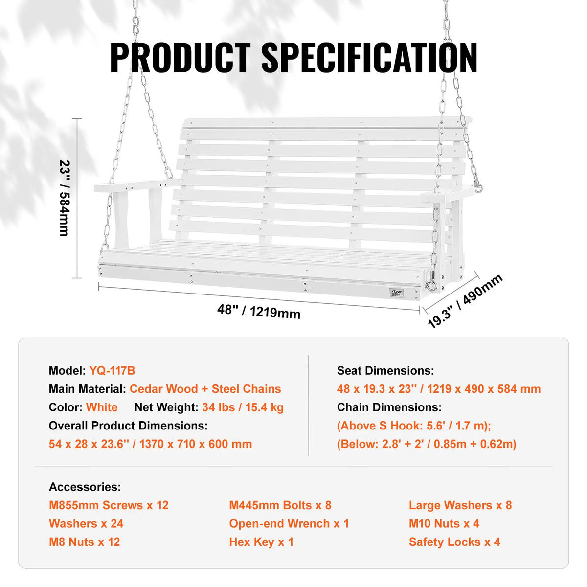 SucceBuy Cedar Wood Outdoor Porch Swing With Steel Chain