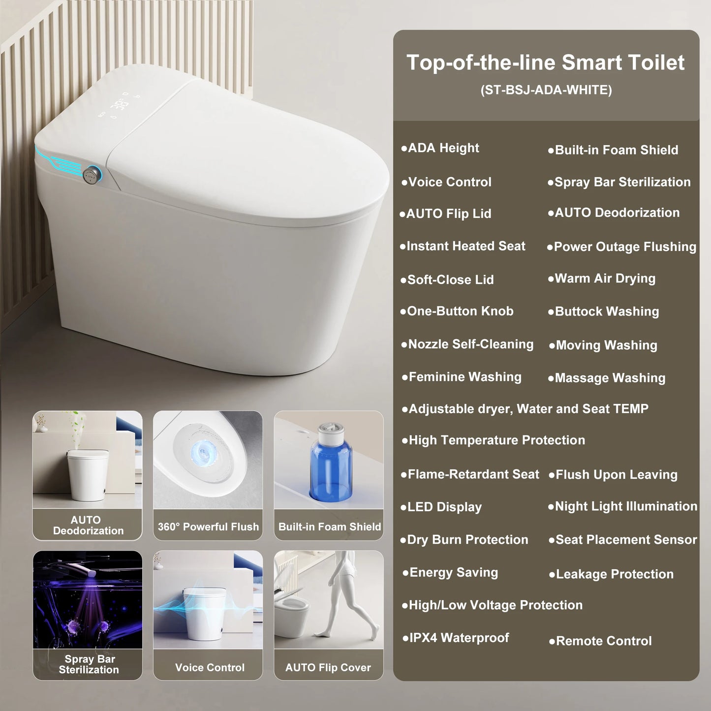 Elongated Smart Toilet With Bidet And Voice Control