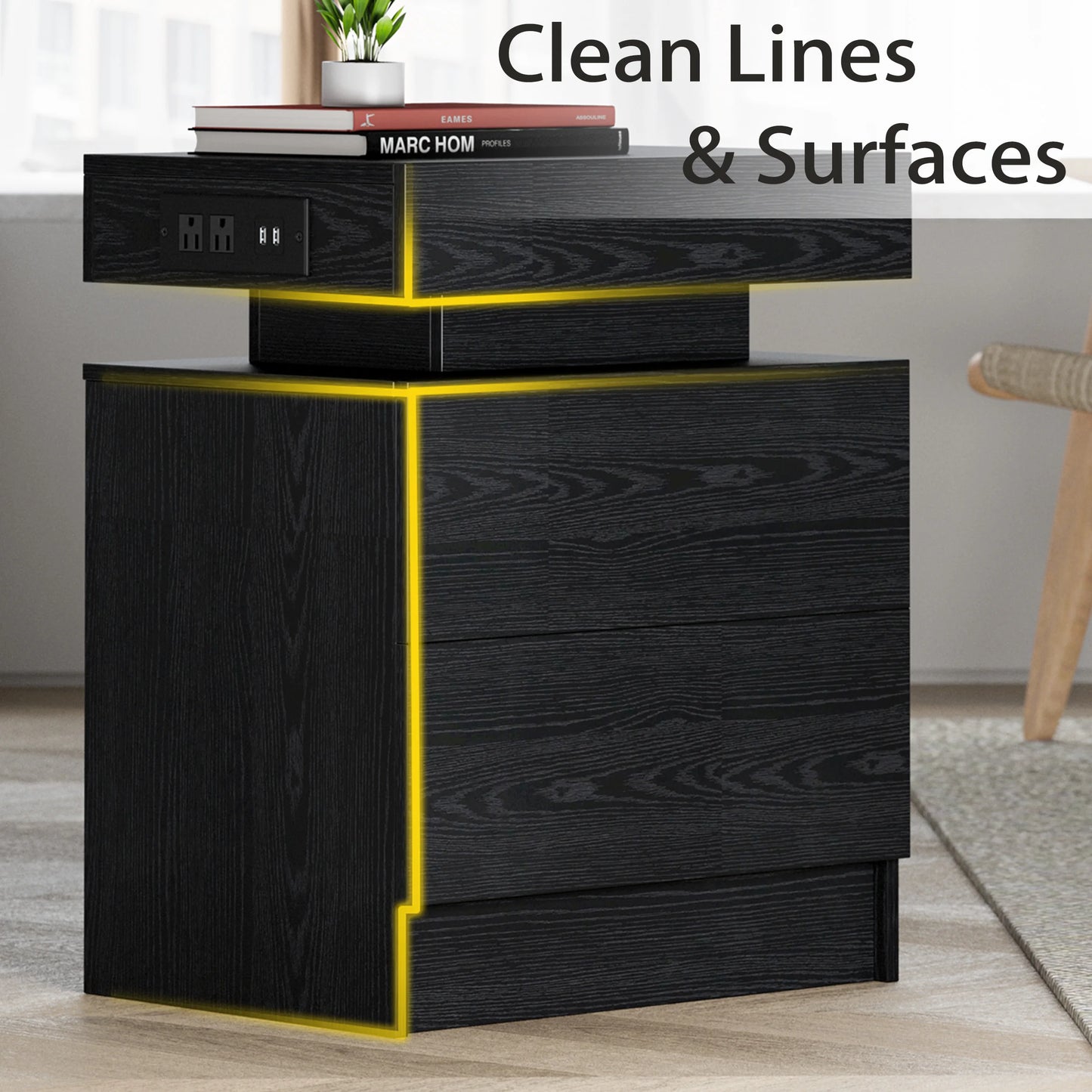 LIKIMIO Nightstand With Charging Station And Led Light Drawers