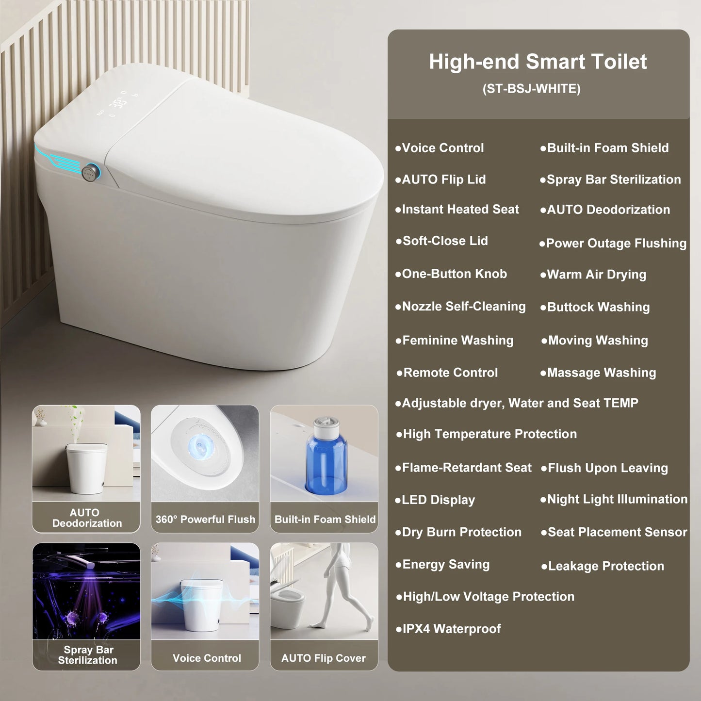 Elongated Smart Toilet With Bidet And Voice Control