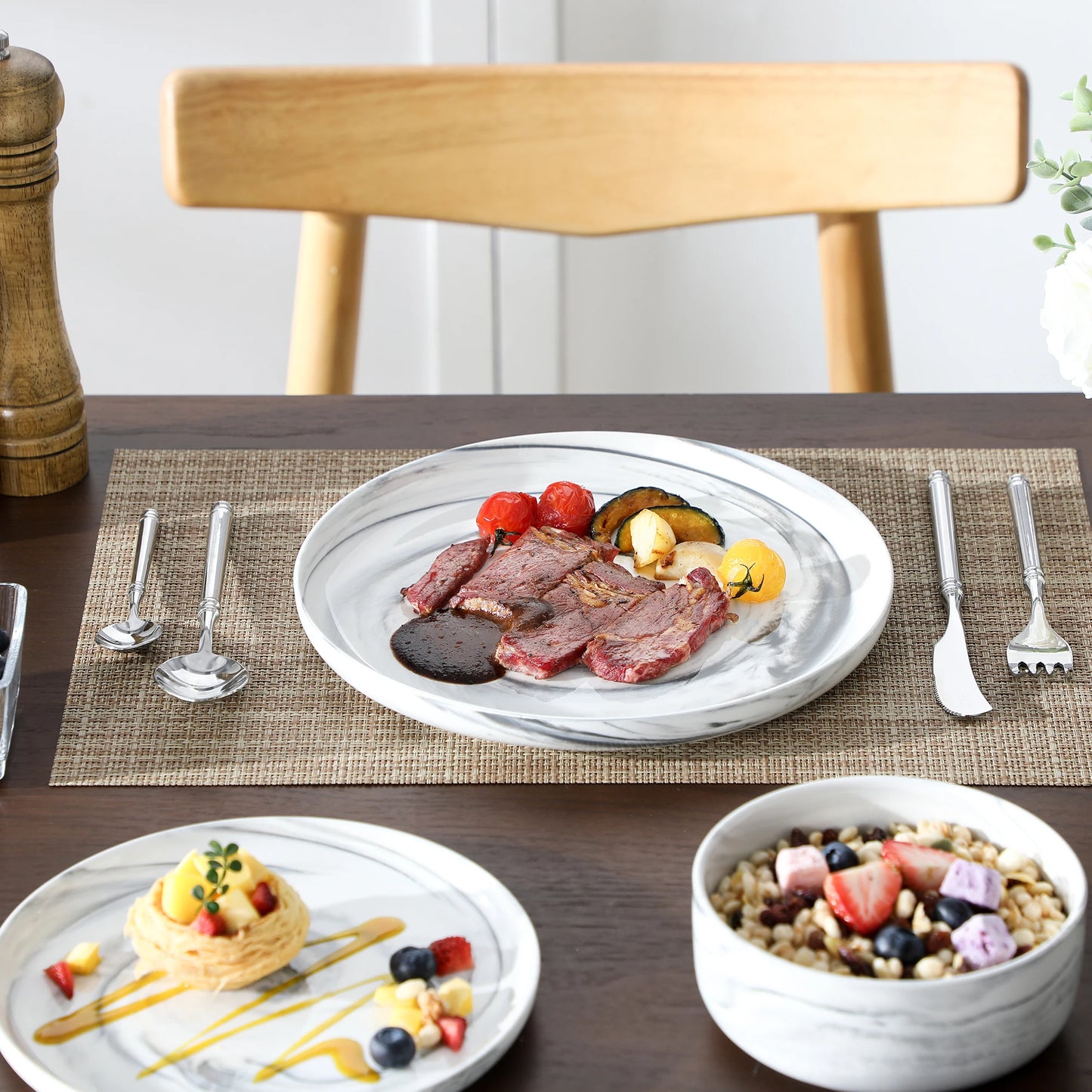 MALACASA Luna Marble Porcelain Dinnerware Set Service For Four