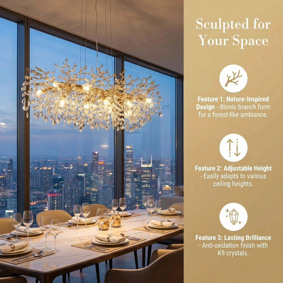 ARLGSITE Tree Shaped Crystal Chandelier For Dining Rooms