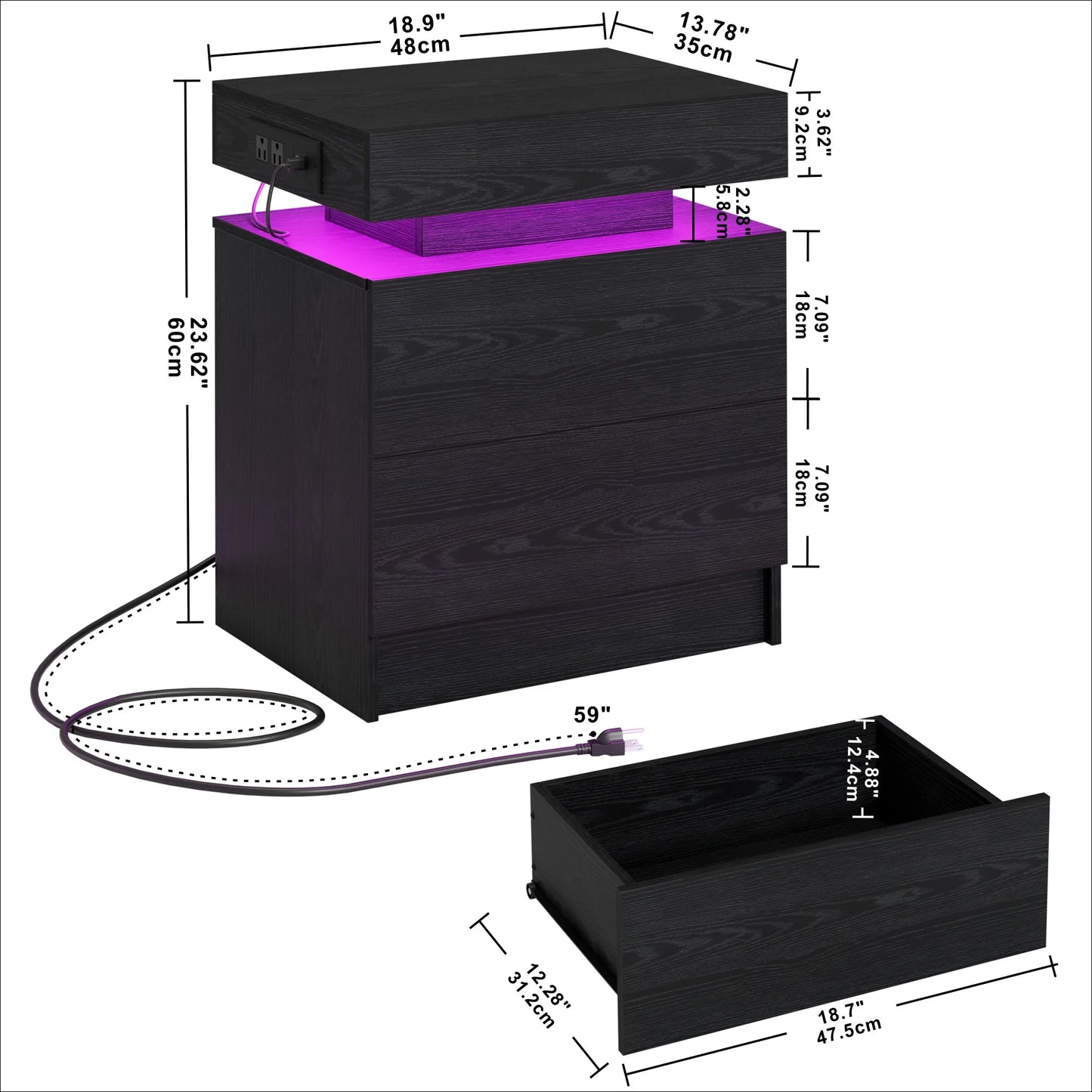 LIKIMIO Nightstand With Charging Station And Led Light Drawers
