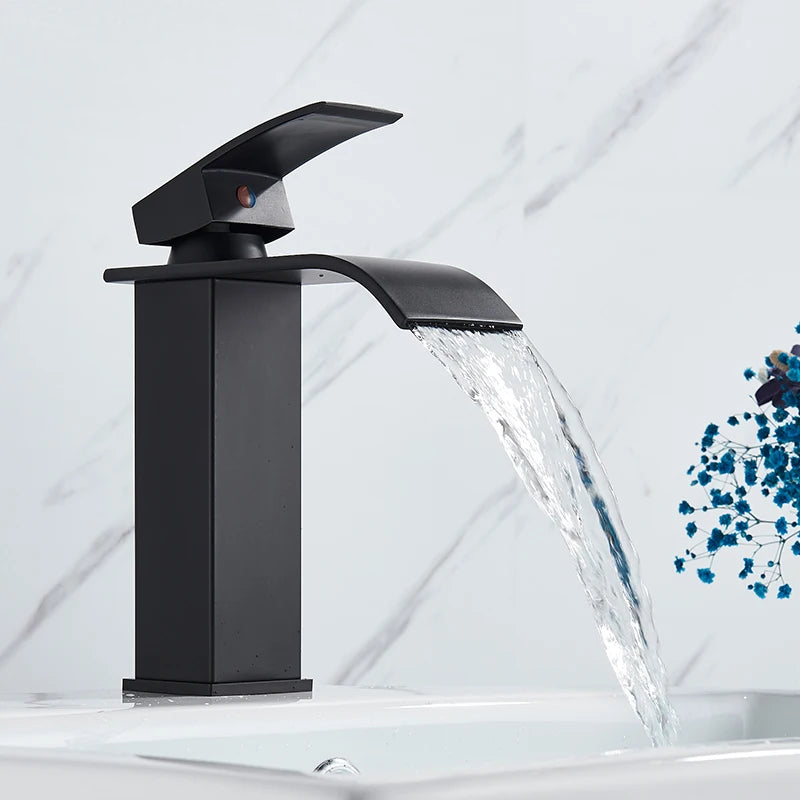 Rozin Matte Black Deck Mounted Waterfall Basin Faucet