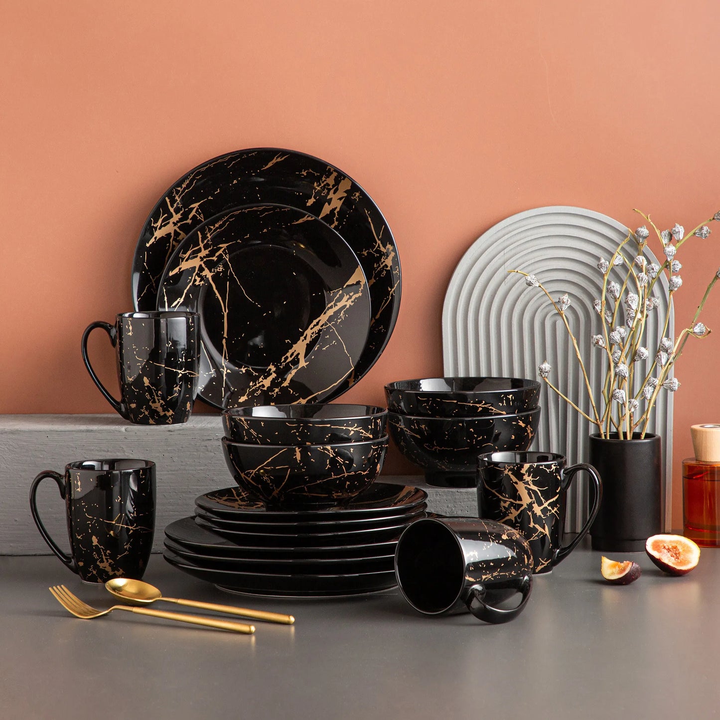 MALACASA Gold Splash Porcelain Dinnerware Set Sixteen Piece