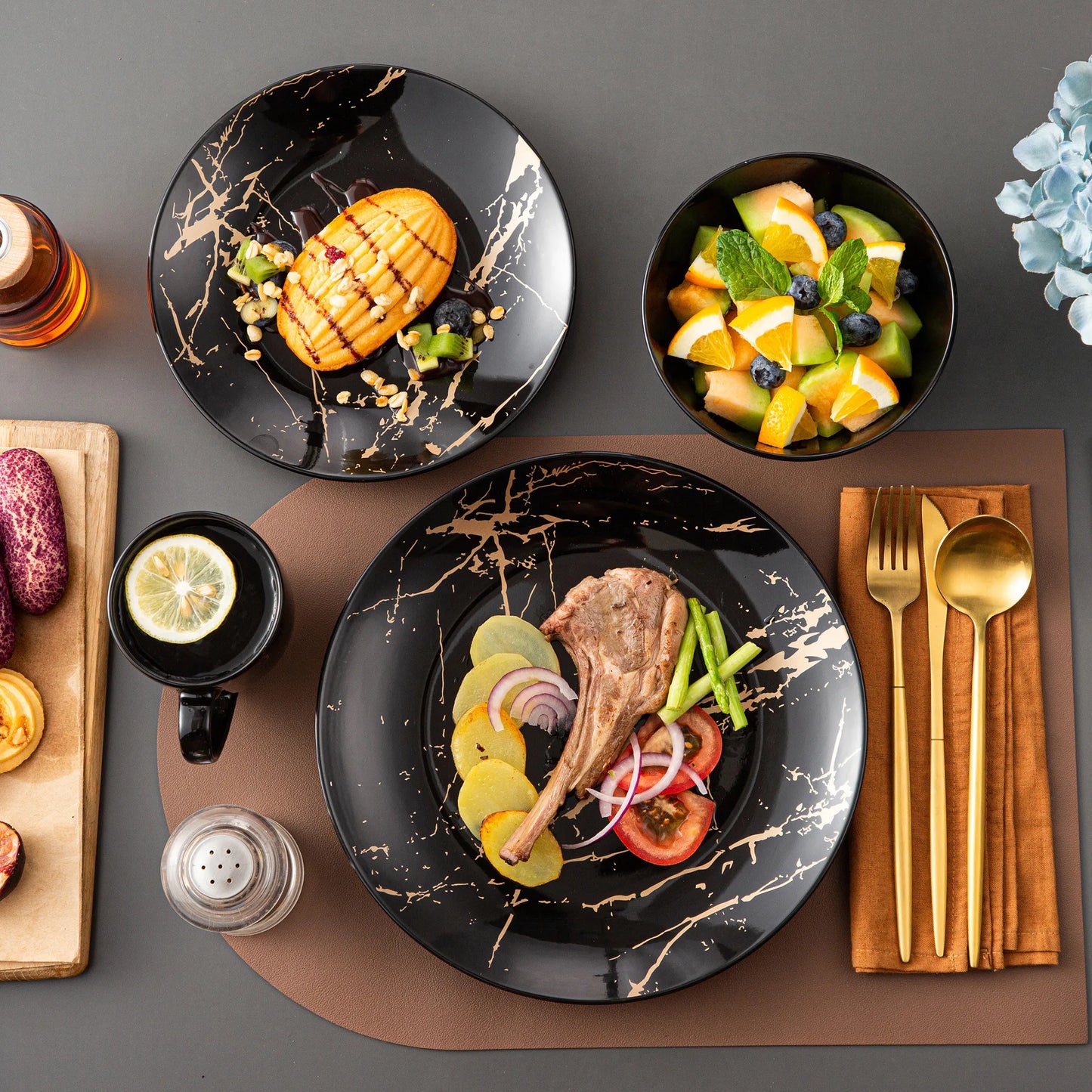 MALACASA Gold Splash Porcelain Dinnerware Set Sixteen Piece