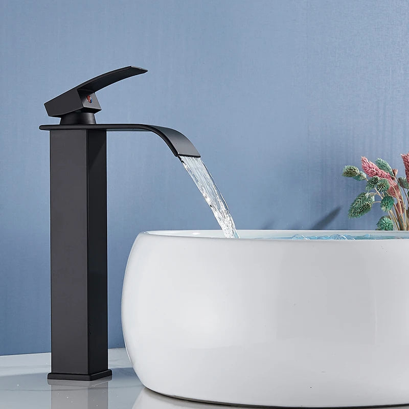 Rozin Matte Black Deck Mounted Waterfall Basin Faucet