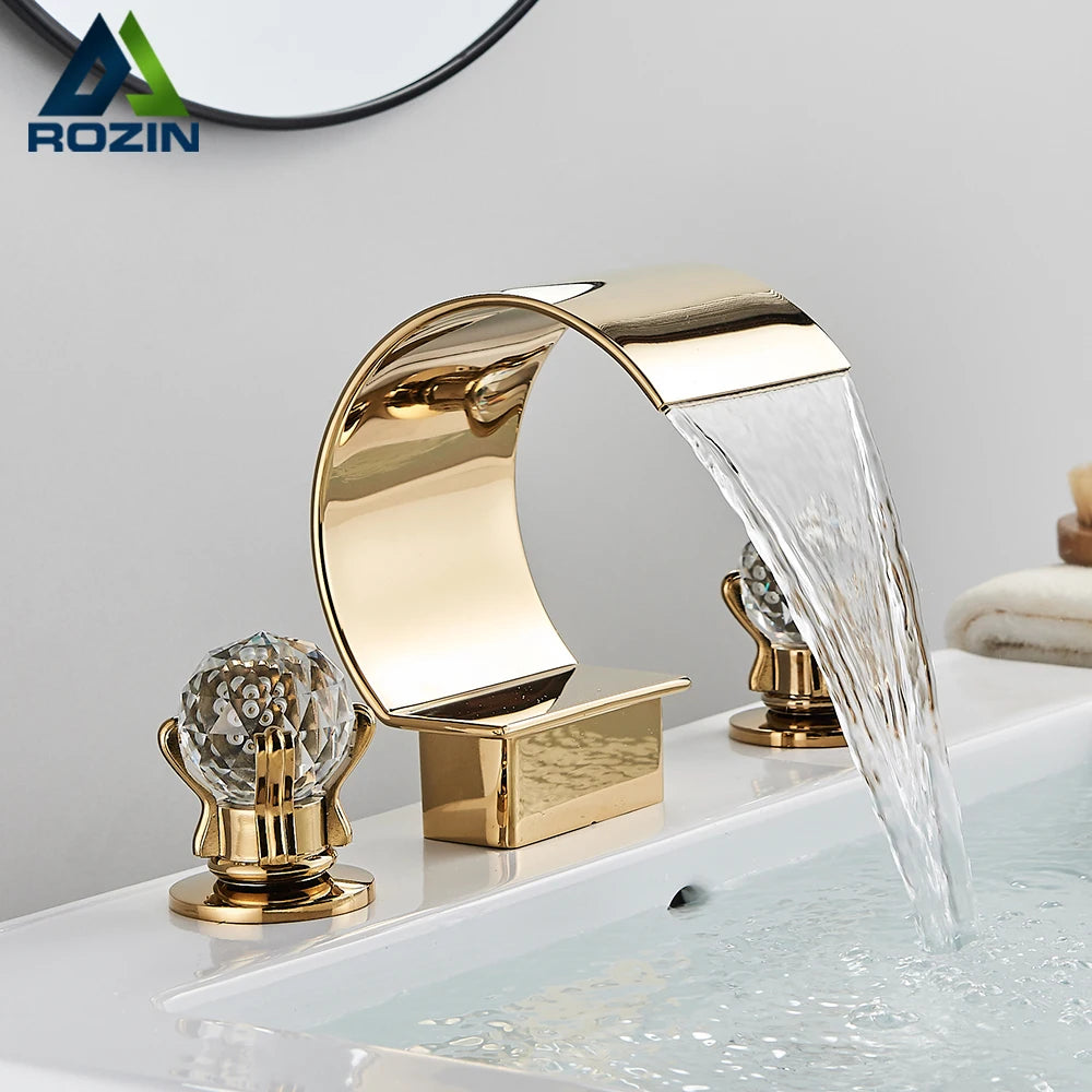 Rozin Waterfall Basin Faucet Dual Crystal Handle Deck Mounted Mixer