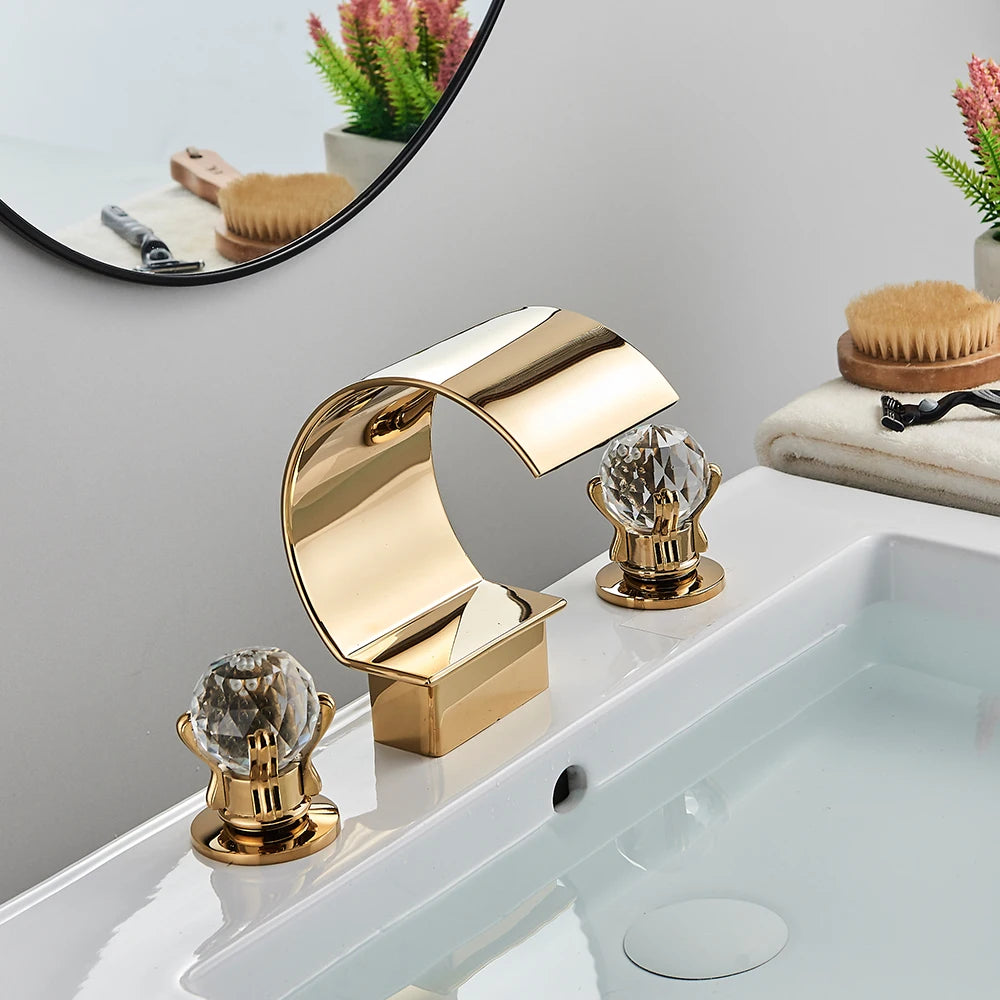 Rozin Waterfall Basin Faucet Dual Crystal Handle Deck Mounted Mixer