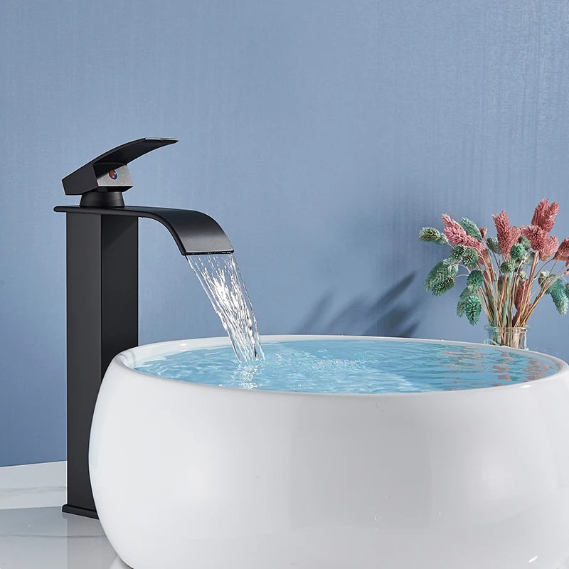 Rozin Matte Black Deck Mounted Waterfall Basin Faucet
